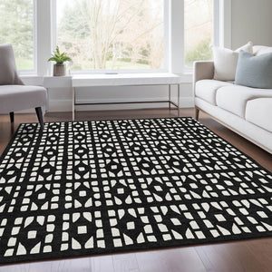 HomeRoots 9' X 12' Black and Ivory Geometric Area Rug – Washable, Durable, UV-Protected for Busy Homes! 676253