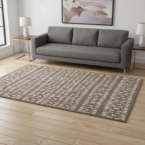 HomeRoots 5' X 8' Brown & Ivory Geometric Area Rug - Washable, UV-Protected, Stain-Resistant for Busy Homes 676256