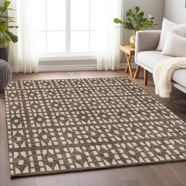 HomeRoots 5' X 8' Brown & Ivory Geometric Area Rug - Washable, UV-Protected, Stain-Resistant for Busy Homes 676256