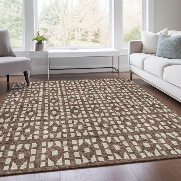 HomeRoots 5' X 8' Brown & Ivory Geometric Area Rug - Washable, UV-Protected, Stain-Resistant for Busy Homes 676256
