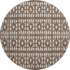 HomeRoots 8' Brown And Ivory Geometric Round Rug – Washable, Stain-Resistant, UV Protected for High-Traffic Areas 676257