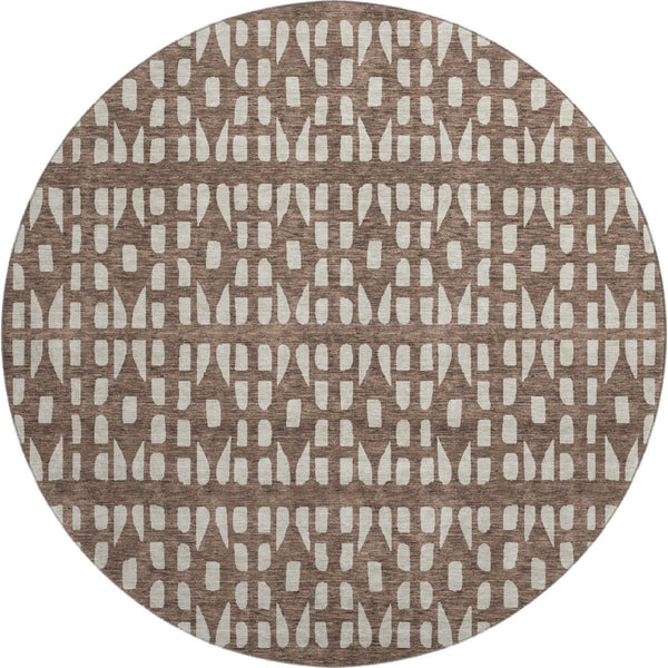 HomeRoots 8' Brown And Ivory Geometric Round Rug – Washable, Stain-Resistant, UV Protected for High-Traffic Areas 676257
