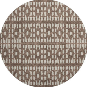HomeRoots 8' Brown And Ivory Geometric Round Rug – Washable, Stain-Resistant, UV Protected for High-Traffic Areas 676257