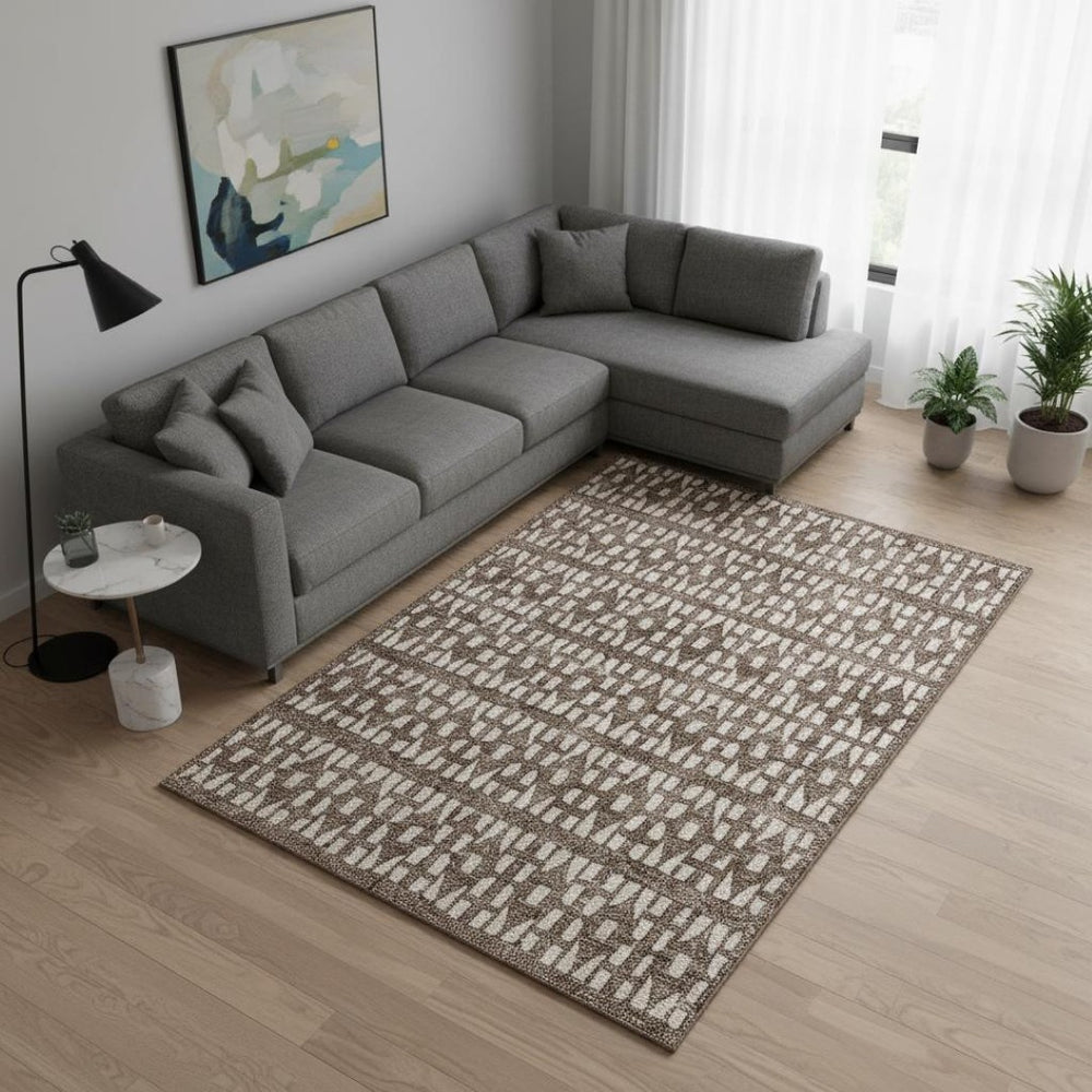 HomeRoots 8' X 10' Brown And Ivory Geometric Washable Area Rug - Stylish, Durable, UV-Protected for Modern Homes 676258