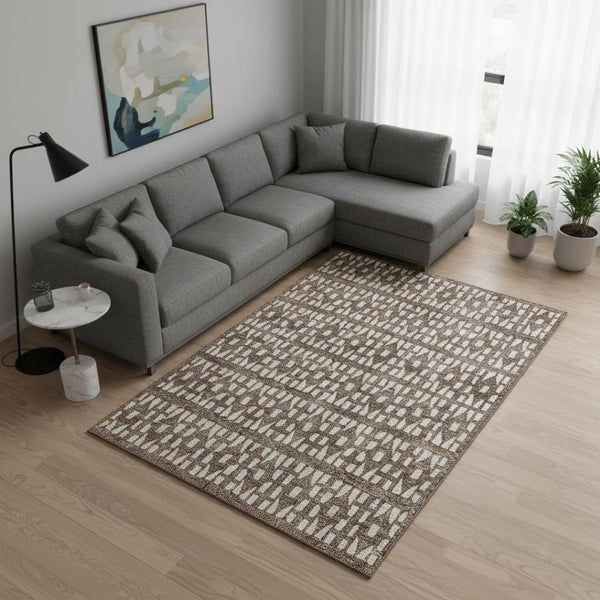HomeRoots 8' X 10' Brown And Ivory Geometric Washable Area Rug - Stylish, Durable, UV-Protected for Modern Homes 676258