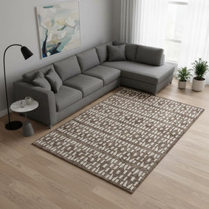 HomeRoots 9' X 12' Geometric Washable Area Rug in Brown & Ivory - UV Protected, Durable, Modern Design for Homes 676259