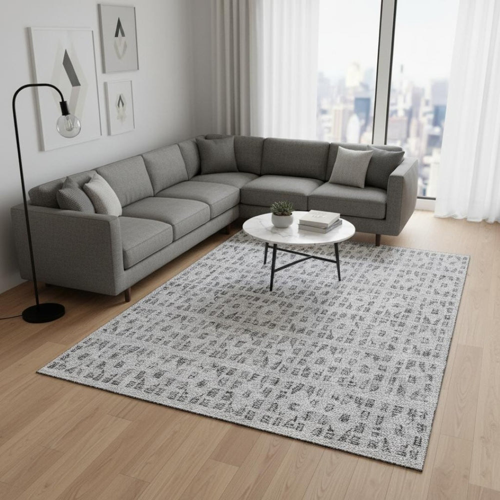 HomeRoots 10' X 14' Gray and Silver Geometric Area Rug - Stylish, Washable & UV-Protected for High Traffic Spaces 676266