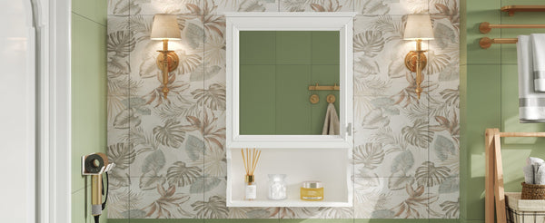 English Elm 20'' Half-Moon Wall Medicine Cabinet with Mirror, Solid Wood Frame, Soft-Close Hinges, Space-Saving Elegance White N710P313827K