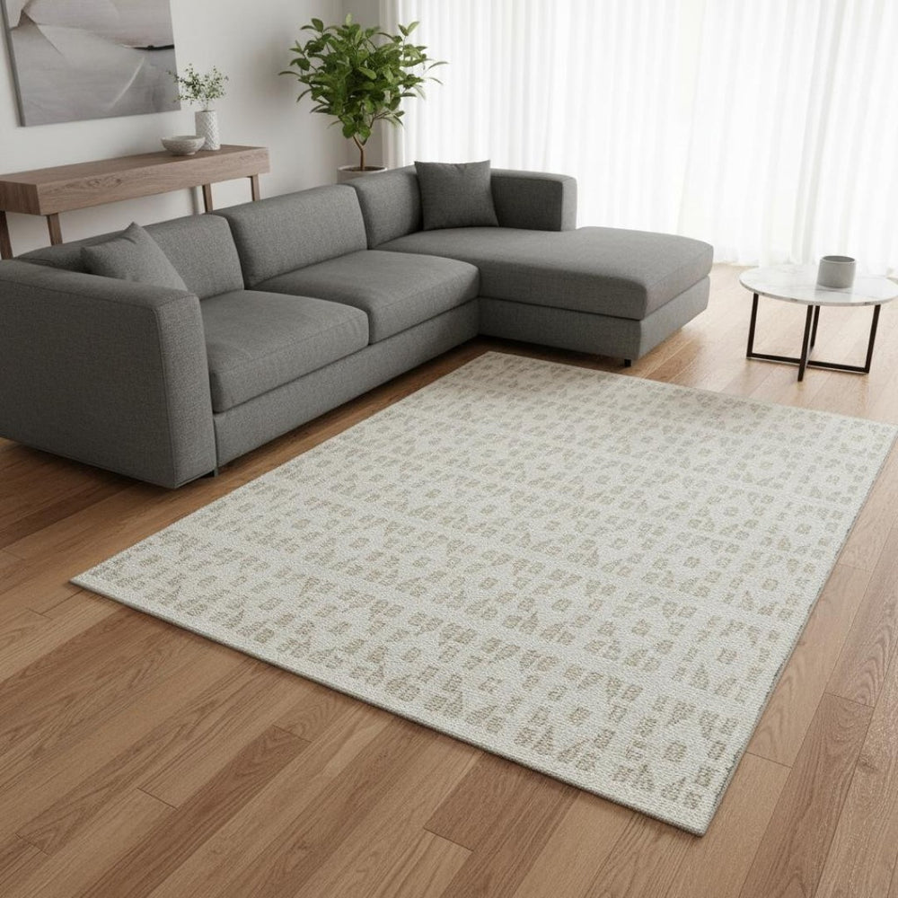 HomeRoots 8' X 10' Ivory & Beige Geometric Area Rug – Washable, UV Protected & Perfect for Modern Living Spaces 676270