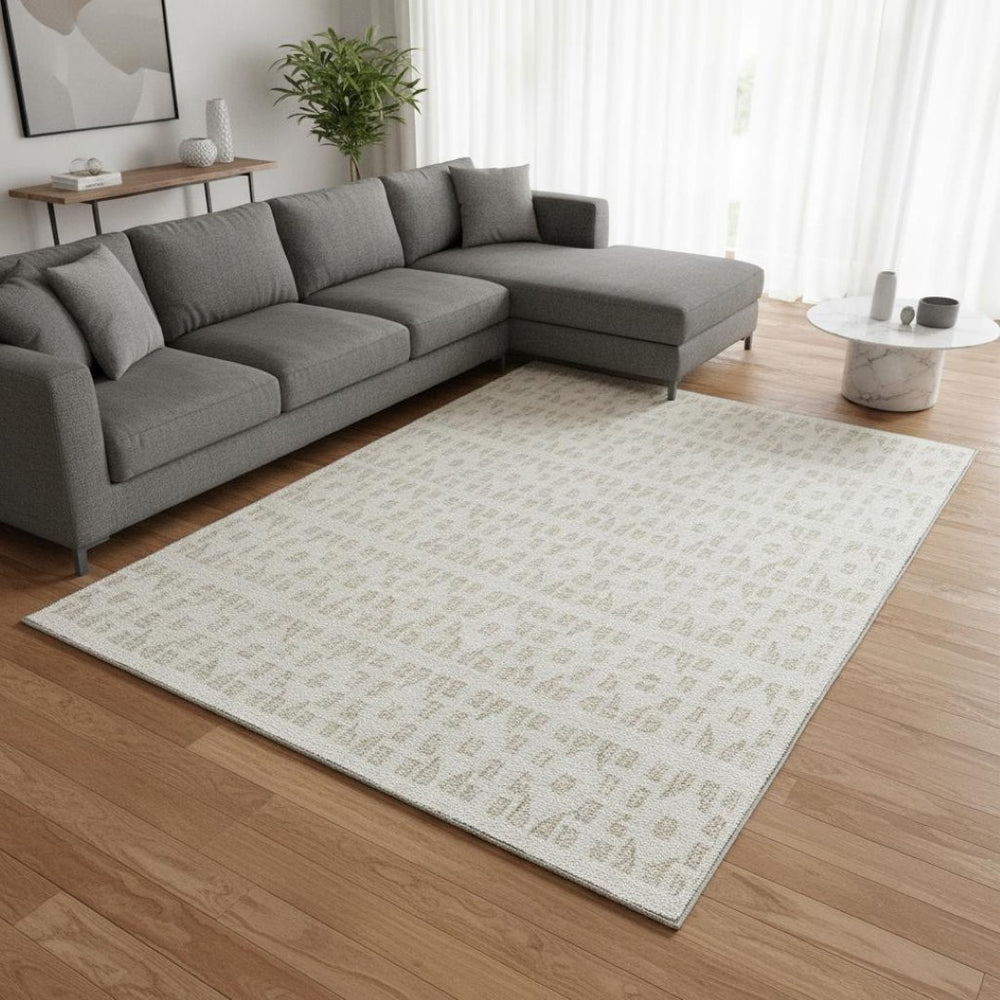 HomeRoots 10' X 14' Ivory and Beige Geometric Washable Area Rug – Durable, Stylish, UV-Protected for Busy Homes 676272