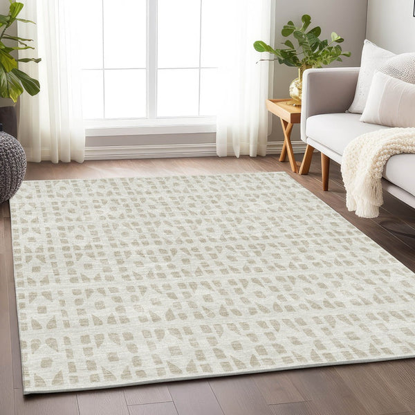 HomeRoots 10' X 14' Ivory and Beige Geometric Washable Area Rug – Durable, Stylish, UV-Protected for Busy Homes 676272