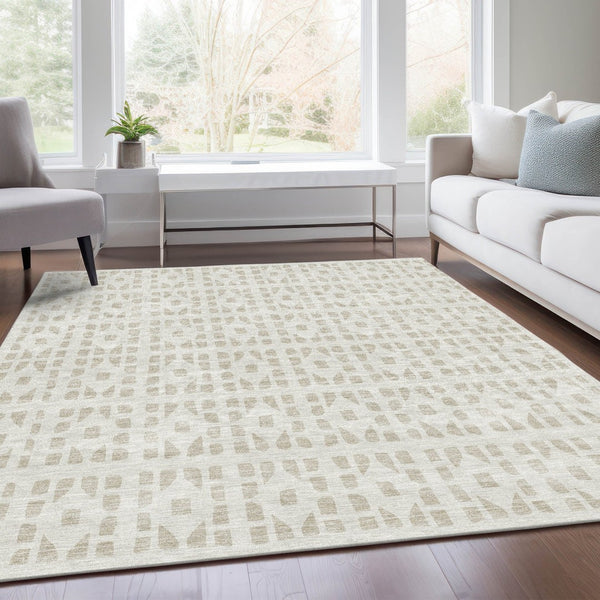 HomeRoots 10' X 14' Ivory and Beige Geometric Washable Area Rug – Durable, Stylish, UV-Protected for Busy Homes 676272