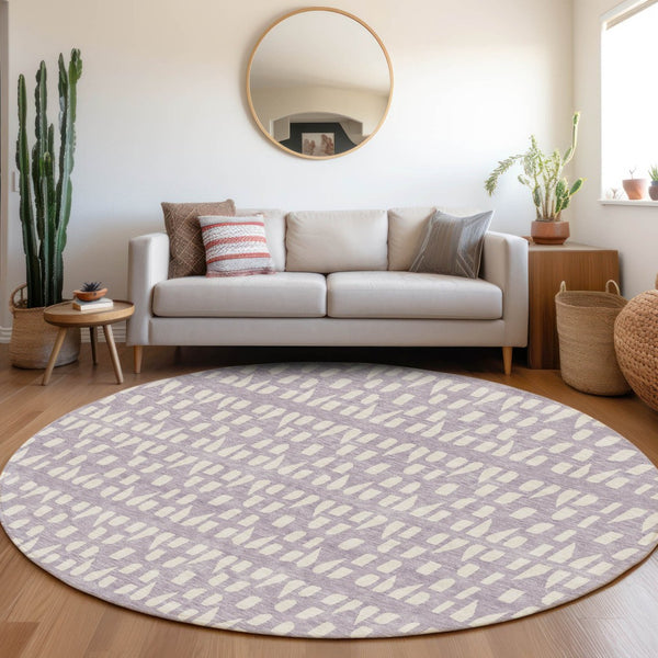 HomeRoots 8' Stylish Lavender and Ivory Geometric Round Rug - Washable, UV Protected for Modern Living Spaces 676275
