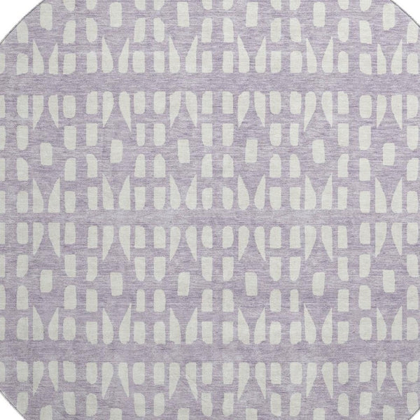HomeRoots 8' Stylish Lavender and Ivory Geometric Round Rug - Washable, UV Protected for Modern Living Spaces 676275
