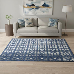 HomeRoots 5' X 8' Navy Blue & Ivory Geometric Area Rug - Washable, UV Protected, Durable for Active Homes 676280