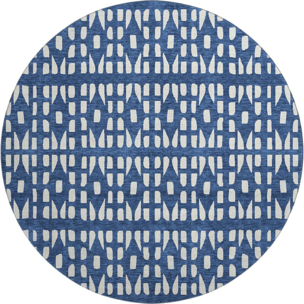 HomeRoots 8' Navy Blue Geometric Round Rug - Washable, UV Protected & Stain-Resistant for Modern Living Spaces 676281