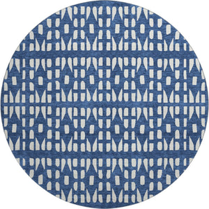 HomeRoots 8' Navy Blue Geometric Round Rug - Washable, UV Protected & Stain-Resistant for Modern Living Spaces 676281