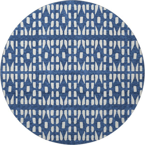 HomeRoots 8' Navy Blue Geometric Round Rug - Washable, UV Protected & Stain-Resistant for Modern Living Spaces 676281
