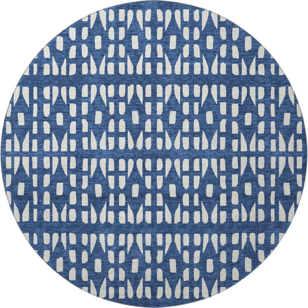 HomeRoots 8' Navy Blue Geometric Round Rug - Washable, UV Protected & Stain-Resistant for Modern Living Spaces 676281
