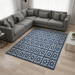 HomeRoots 8' X 10' Navy Blue and Ivory Geometric Area Rug – Washable, UV-Protected, Perfect for High-Traffic Rooms 676282