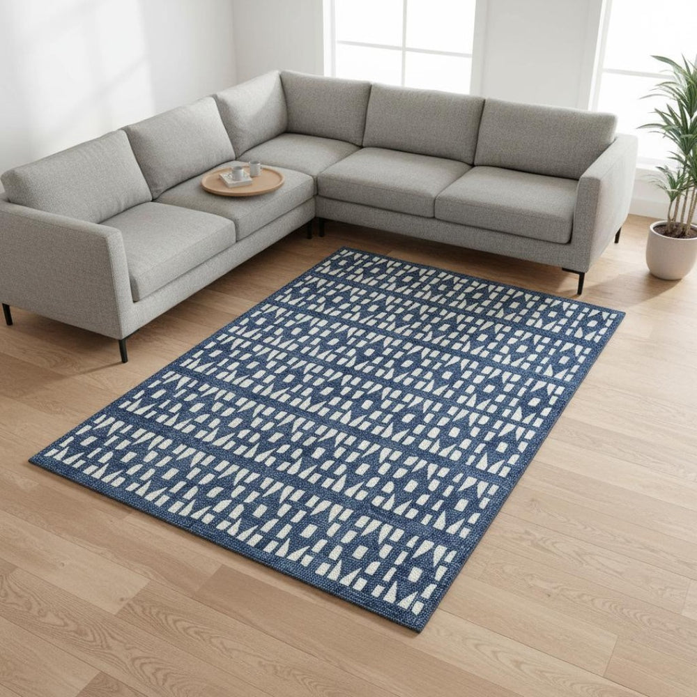 HomeRoots 9' X 12' Navy Blue Geometric Area Rug – Stain-Resistant, UV-Protected, Ideal for High-Traffic Spaces 676283