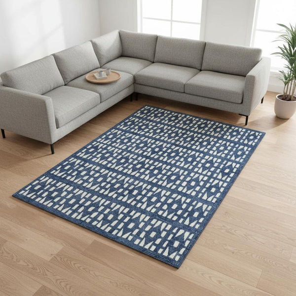HomeRoots 9' X 12' Navy Blue Geometric Area Rug – Stain-Resistant, UV-Protected, Ideal for High-Traffic Spaces 676283
