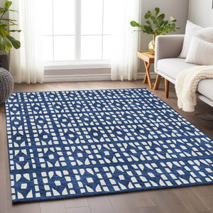 HomeRoots 9' X 12' Navy Blue Geometric Area Rug – Stain-Resistant, UV-Protected, Ideal for High-Traffic Spaces 676283