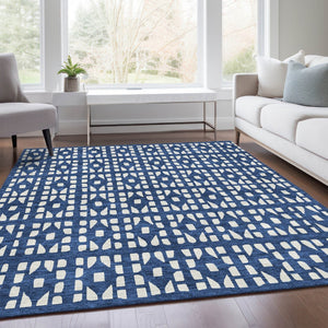 HomeRoots 9' X 12' Navy Blue Geometric Area Rug – Stain-Resistant, UV-Protected, Ideal for High-Traffic Spaces 676283