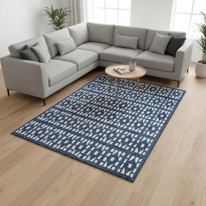 HomeRoots 10' X 14' Navy Blue & Ivory Geometric Area Rug - Washable, Stain Resistant with UV Protection! 676284