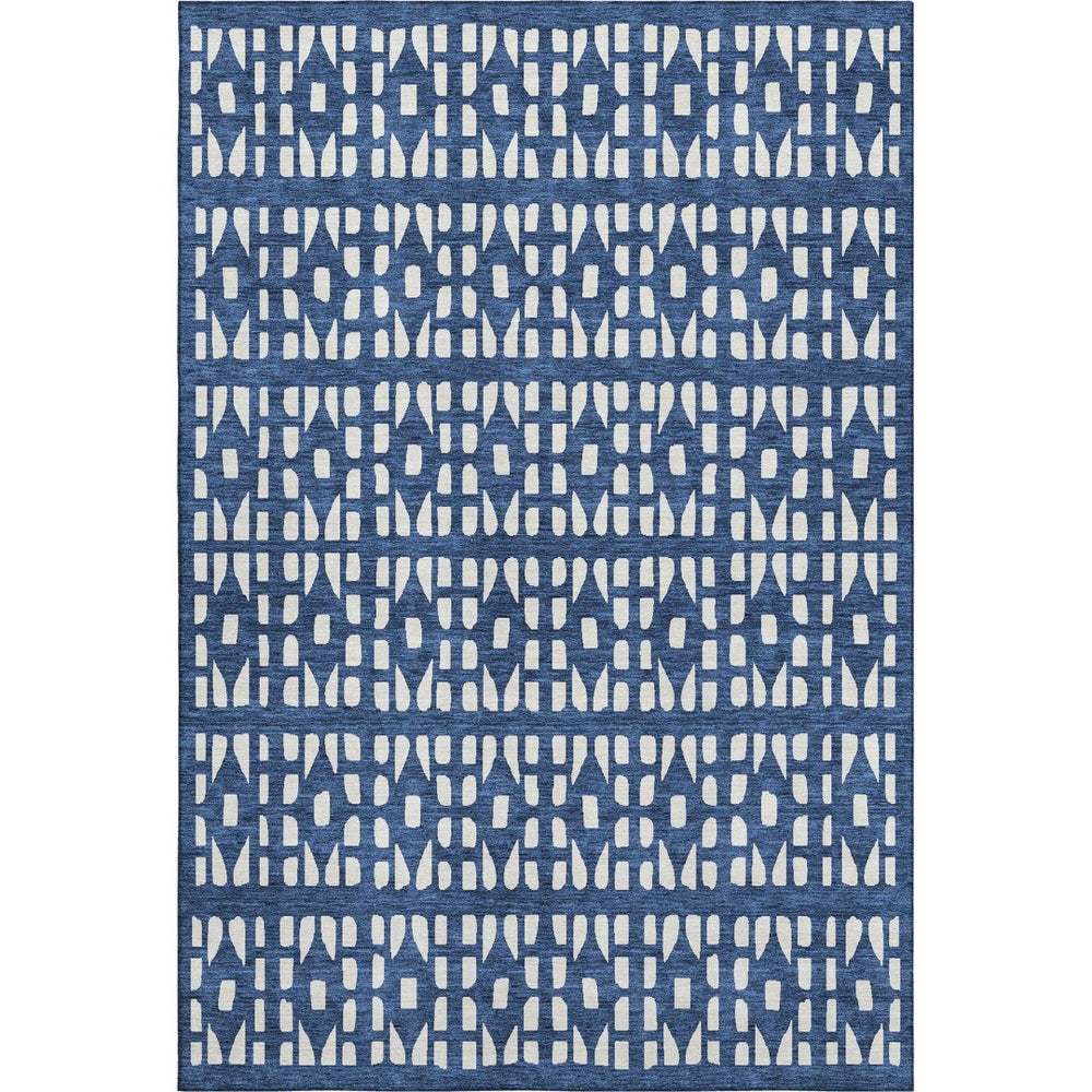 HomeRoots 10' X 14' Navy Blue & Ivory Geometric Area Rug - Washable, Stain Resistant with UV Protection! 676284
