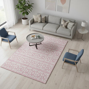 HomeRoots 5' X 8' Pink and Ivory Geometric Washable Area Rug - Stylish, Durable, UV Protected for Modern Spaces 676286