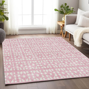 HomeRoots 5' X 8' Pink and Ivory Geometric Washable Area Rug - Stylish, Durable, UV Protected for Modern Spaces 676286
