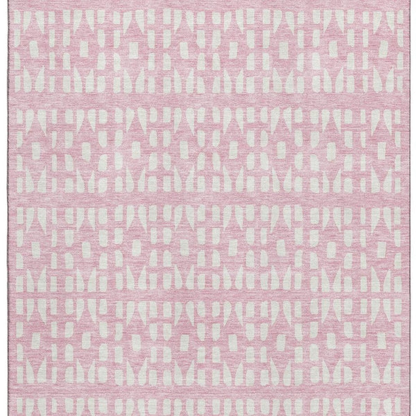 HomeRoots 5' X 8' Pink and Ivory Geometric Washable Area Rug - Stylish, Durable, UV Protected for Modern Spaces 676286