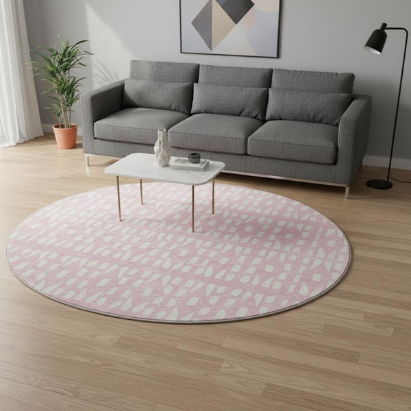 HomeRoots 8' Pink And Ivory Geometric Round Rug - Washable, UV-Protected, Durable Design for Stylish Spaces 676287