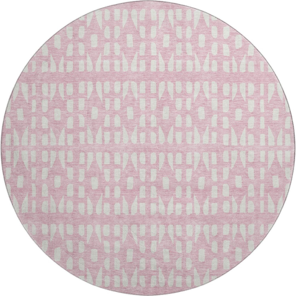HomeRoots 8' Pink And Ivory Geometric Round Rug - Washable, UV-Protected, Durable Design for Stylish Spaces 676287