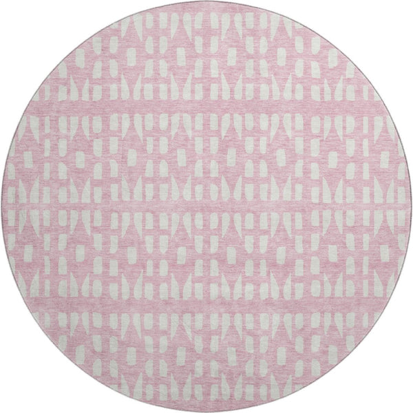 HomeRoots 8' Pink And Ivory Geometric Round Rug - Washable, UV-Protected, Durable Design for Stylish Spaces 676287