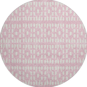 HomeRoots 8' Pink And Ivory Geometric Round Rug - Washable, UV-Protected, Durable Design for Stylish Spaces 676287