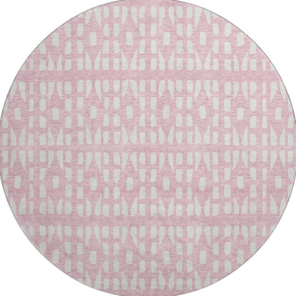 HomeRoots 8' Pink And Ivory Geometric Round Rug - Washable, UV-Protected, Durable Design for Stylish Spaces 676287