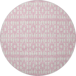 HomeRoots 8' Pink And Ivory Geometric Round Rug - Washable, UV-Protected, Durable Design for Stylish Spaces 676287