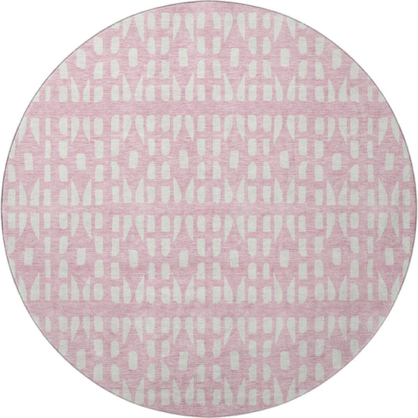 HomeRoots 8' Pink And Ivory Geometric Round Rug - Washable, UV-Protected, Durable Design for Stylish Spaces 676287