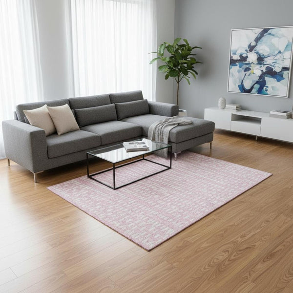 HomeRoots 8' X 10' Pink and Ivory Geometric Area Rug - Washable, UV-Protected, Stylish & Durable for Homes 676288