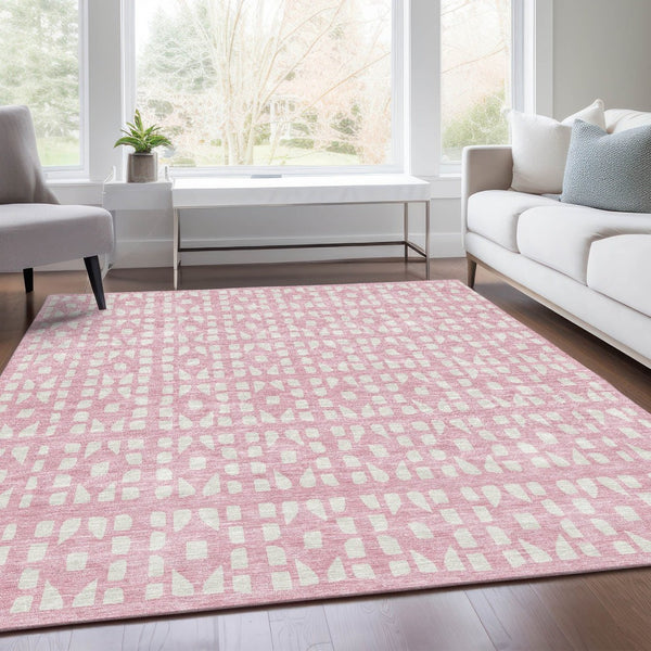 HomeRoots 9' X 12' Pink Geometric Washable Area Rug with UV Protection – Stylish, Soft, Stain-Resistant Design! 676289