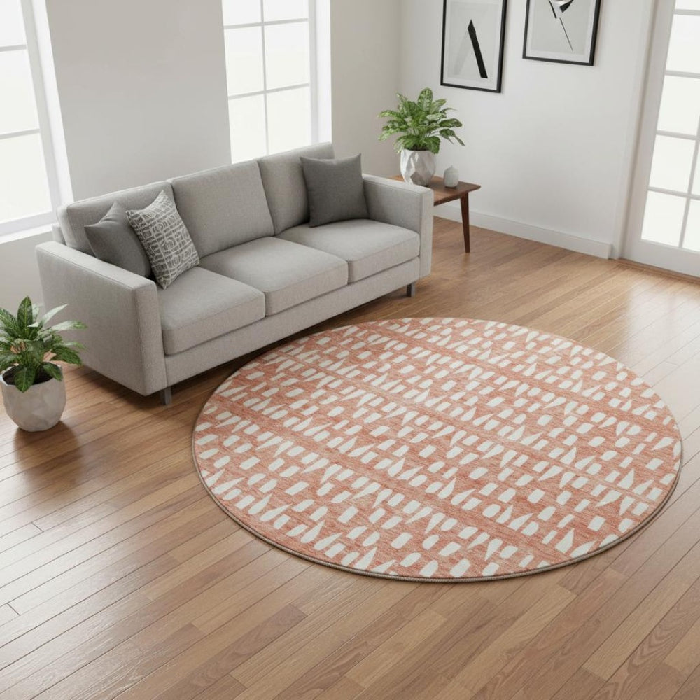 HomeRoots 8' Salmon and Ivory Geometric Washable Round Rug with UV Protection – Stylish, Durable & Easy Care! 676293