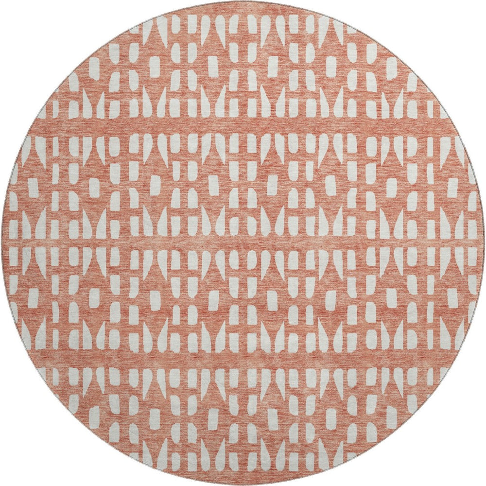 HomeRoots 8' Salmon and Ivory Geometric Washable Round Rug with UV Protection – Stylish, Durable & Easy Care! 676293