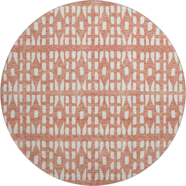 HomeRoots 8' Salmon and Ivory Geometric Washable Round Rug with UV Protection – Stylish, Durable & Easy Care! 676293