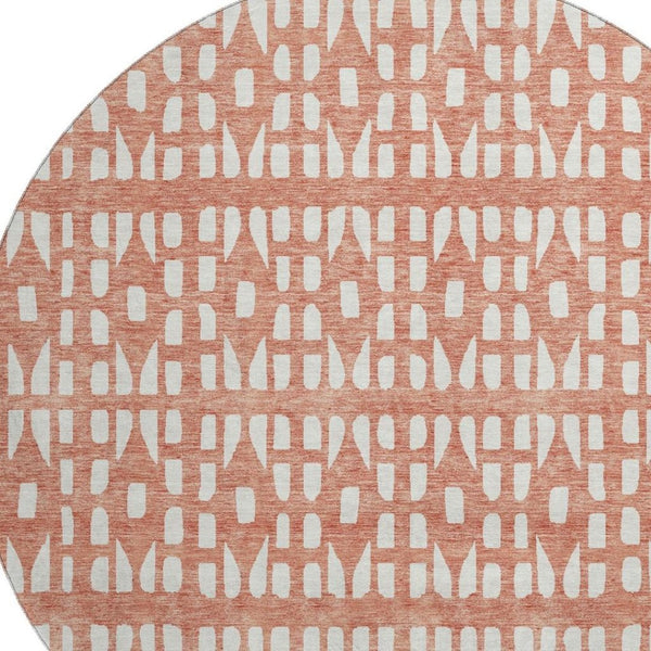 HomeRoots 8' Salmon and Ivory Geometric Washable Round Rug with UV Protection – Stylish, Durable & Easy Care! 676293