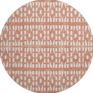 HomeRoots 8' Salmon and Ivory Geometric Washable Round Rug with UV Protection – Stylish, Durable & Easy Care! 676293