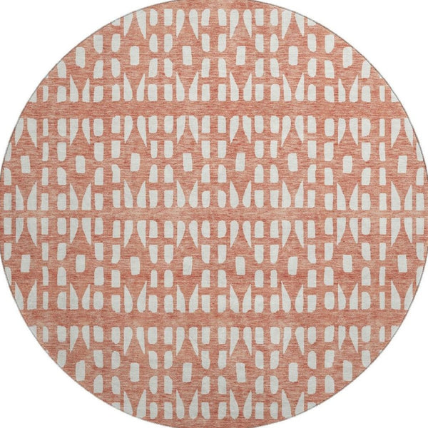 HomeRoots 8' Salmon and Ivory Geometric Washable Round Rug with UV Protection – Stylish, Durable & Easy Care! 676293
