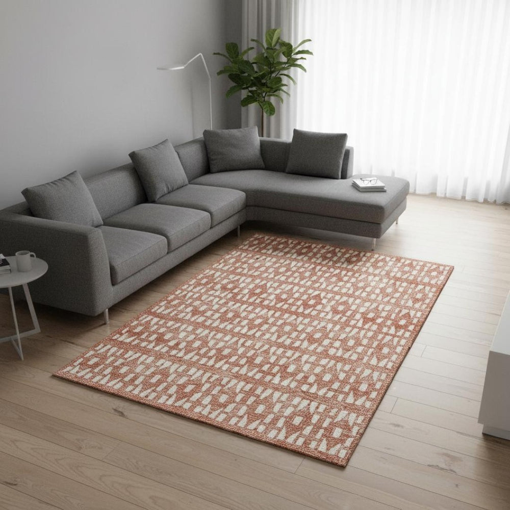 HomeRoots 8' X 10' Stylish Salmon and Ivory Geometric Area Rug - Stain Resistant, UV Protected, and Durable! 676294