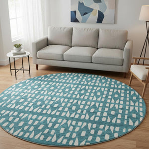 HomeRoots 8' Teal And Ivory Geometric Round Rug - Washable, Stain Resistant, UV Protected for Busy Homes 676299